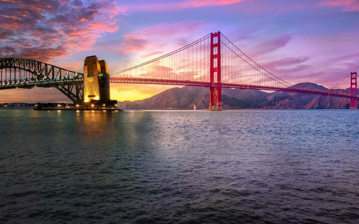 Composite image showing Sydney Harbour bridge joining on to Golden Gate bridge.